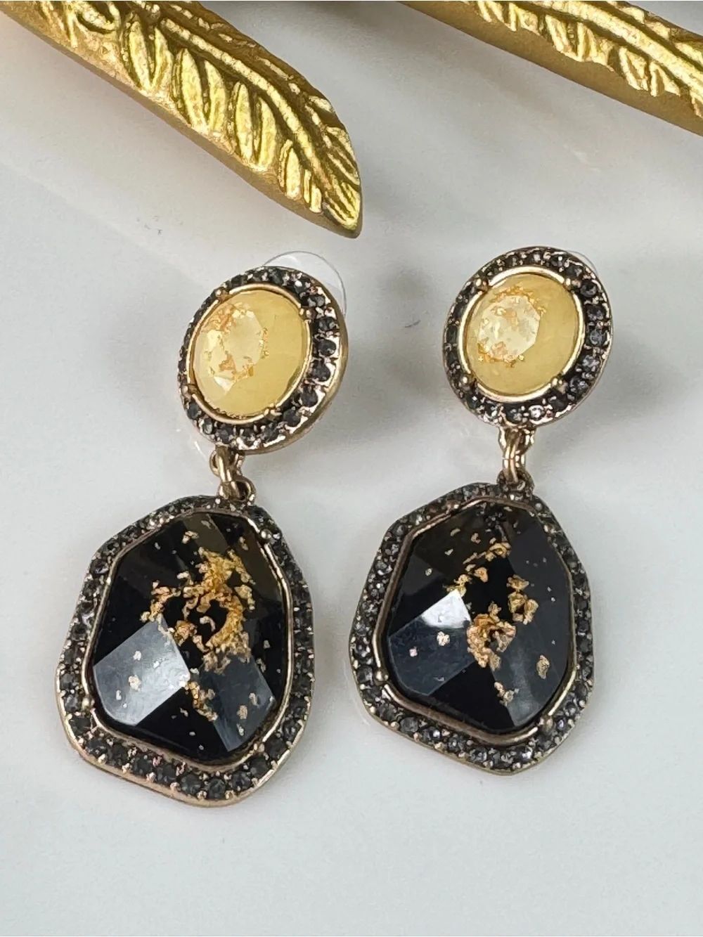 Anthropologie Vintage Black and Gold Drop Earrings with Faceted Stones